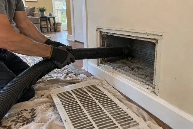Illustrative image of hands cleaning an air return duct