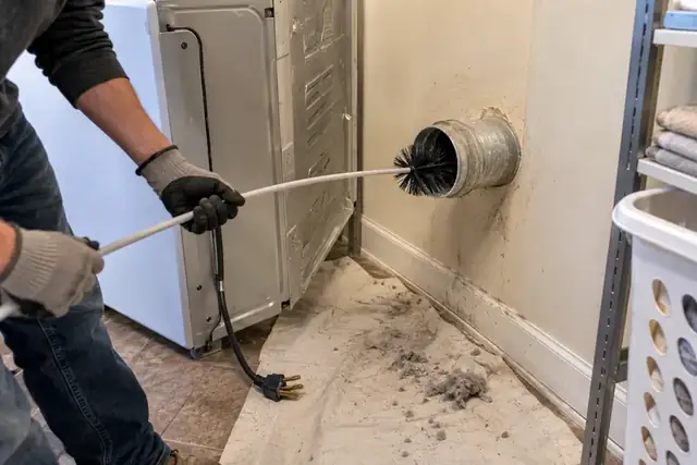 Illustrative image of hands brushing a disconnected dryer exhaust duct